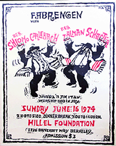 An advertisement poster for a Fabrengen event at Berkeley Hillel, June 1974. The Schachter-Shalomi Collection, University of Colorado, Accession 2, Box 10